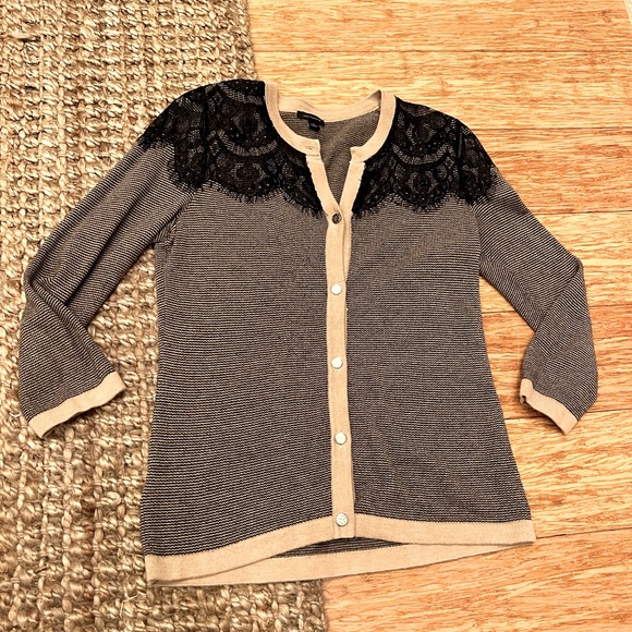 Ann Taylor Lace & Stripe Quarter Sleeve Cardigan - Picture 1 of 5